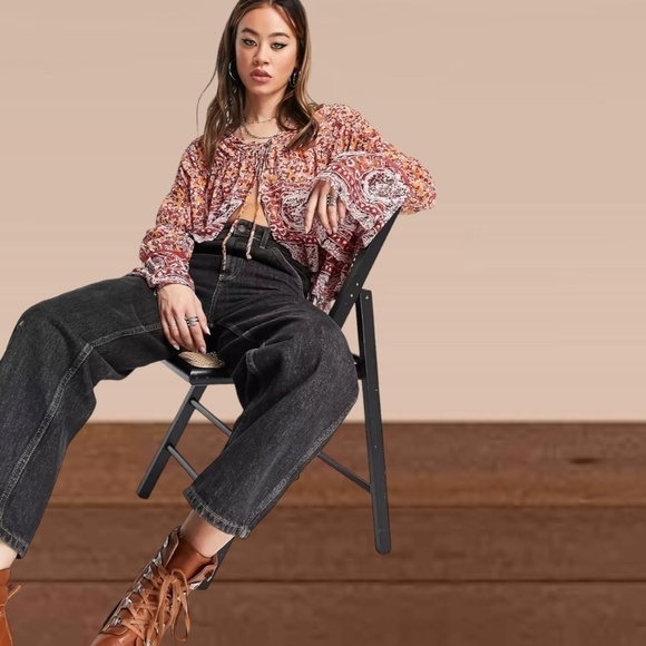 FREE PEOPLE Lorraine RETRO Print Tie-Front Wide Sleeve Flowy Tiered Kimono-Md - Picture 13 of 13